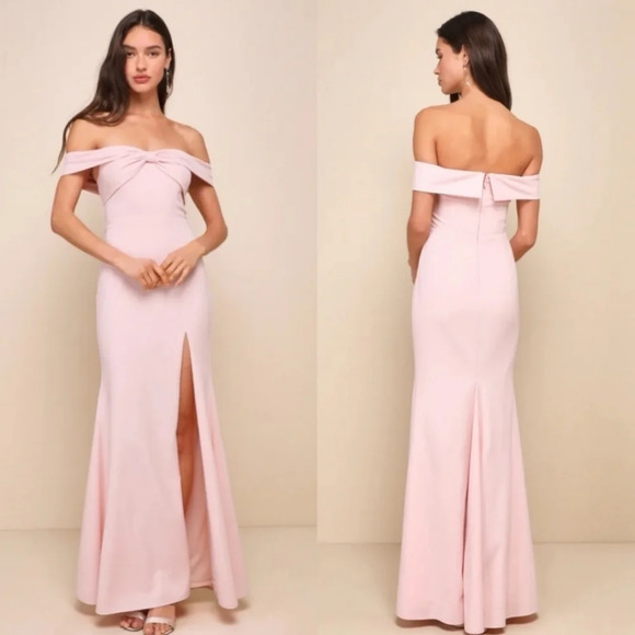 Lulus Elegant Perception Light Pink Off-the-Shoulder Bow Maxi Dress L Wedding - Picture 1 of 11